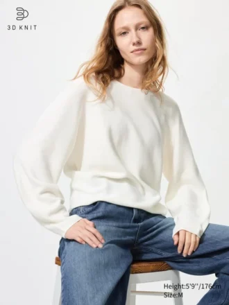 3D Knit bomuldssweater med voluminøse ærmer til kvinder