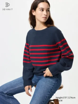3D Knit bomuldssweater med voluminøse ærmer til kvinder | Stribet
