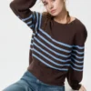 3D Knit bomuldssweater med voluminøse ærmer til kvinder | Stribet
