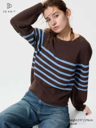 3D Knit bomuldssweater med voluminøse ærmer til kvinder | Stribet