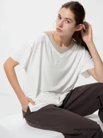 AIRism T-shirt med løs pasform og V-hals til kvinder | 2-vejs