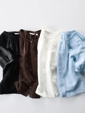 Bluse med voluminøse ærmer i linneblanding til kvinder