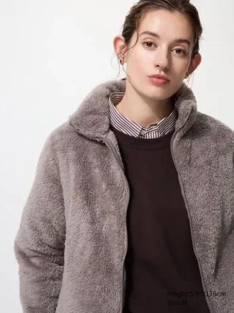 Fluffy Yarn Fleece-jakke med gennemgående lynlås til kvinder