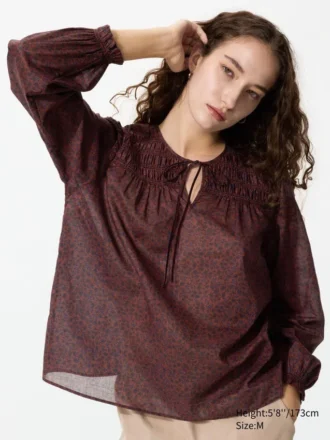 Let bomuldsbluse med rynk til kvinder | Print
