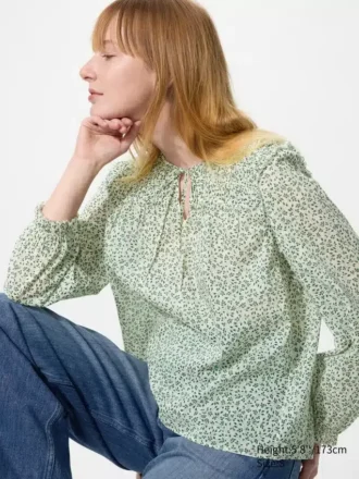 Let bomuldsbluse med rynk til kvinder | Print