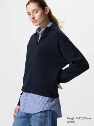 Løs polo-sweater i glat bomuld til kvinder
