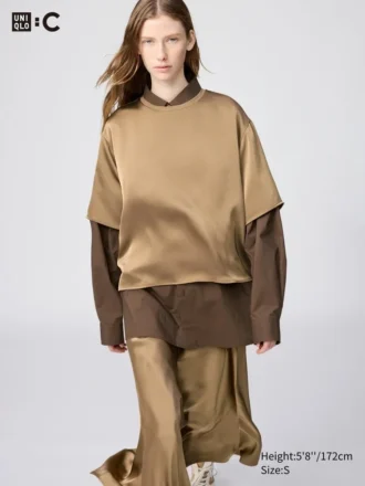 Oversized kort bluse i satin til kvinder | Halve ærmer