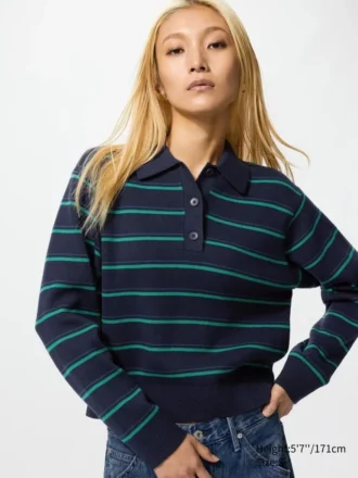 Polo-sweater i glat bomuld til kvinder | Stribet