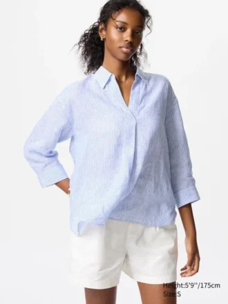 Premium Linen skjorte med skipperkrave til kvinder | Stribet