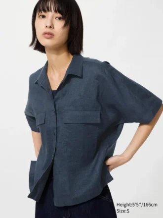 Premium Linen-skjorte til kvinder med skipper-krave | Korte ærmer