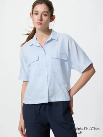 Premium Linen-skjorte til kvinder med skipper-krave | Korte ærmer