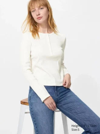 Ribbet Henley-T-shirt til kvinder