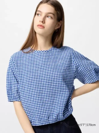 Seersucker-bluse med volumen til kvinder | Gingham