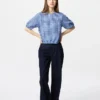 Seersucker-bluse med volumen til kvinder | Gingham