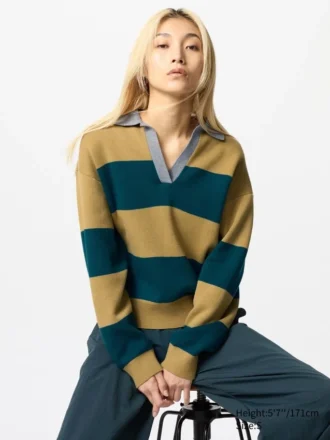 Smooth Cotton Relaxed Polo Sweater til kvinder | Stribet