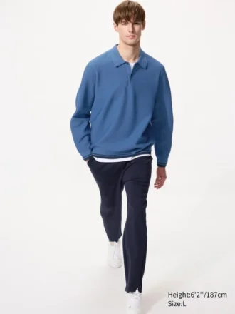 Vaskbar 3D Knit polo til mænd | Langærmede T-shirts