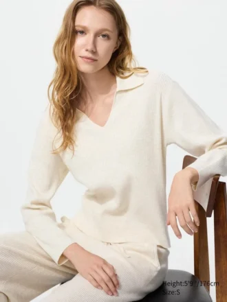 Vaskbar ribstrikket polo-sweater til kvinder