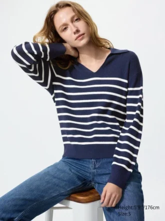Vaskbar ribstrikket polo-sweater til kvinder | Stribet