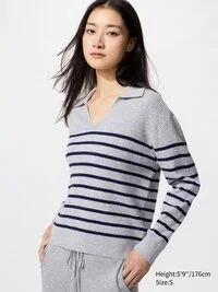 Vaskbar ribstrikket polo-sweater til kvinder | Stribet